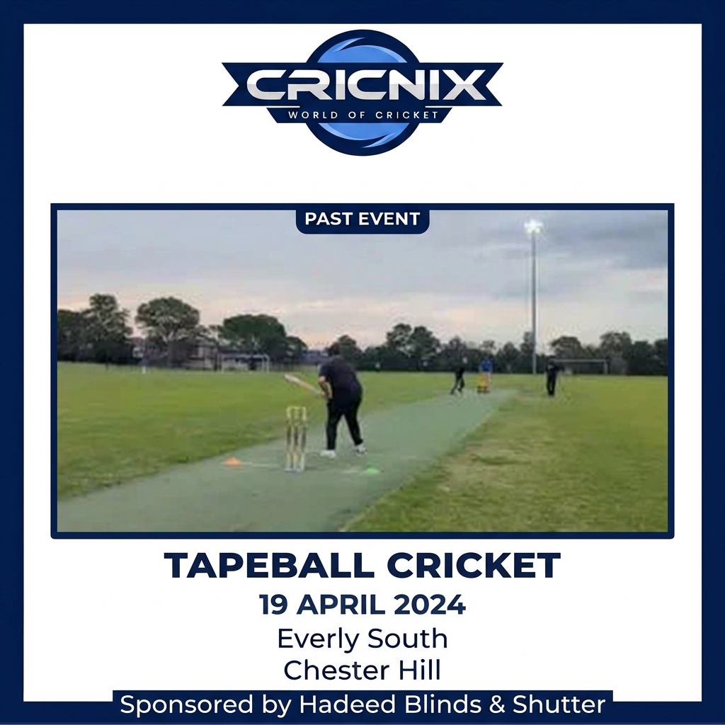 Cricnix past event: Tapeball Cricket, 19 April 2024, Everly South, Chester Hill. Sponsored by Hadeed Blinds & Shutter.