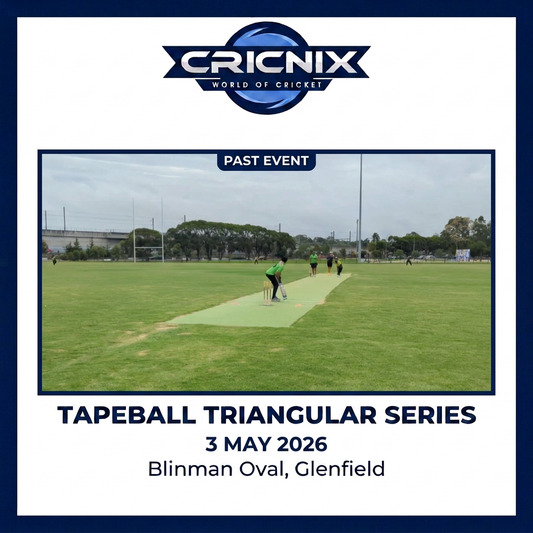 Cricnix past event: Tapeball Triangular Series, 3 May 2026, Blinman Oval, Glenfield, featuring players on the pitch.
